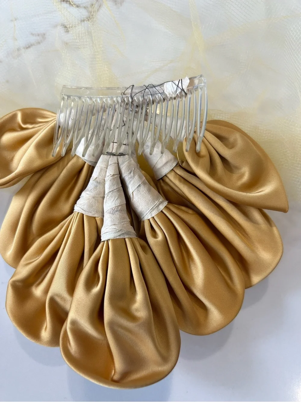 Vintage Gold Satin Floral Hair Clip with Tulle and Pearl Accents